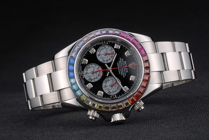 Rolex Daytona Cosmograph Rainbow Crystals Bezel Stainless Steep Strap Black Dial 80250